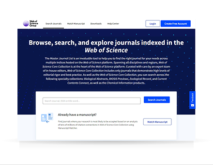 Web of Science SCIE/SSCI/AHCI 저널검색 홈페이지 화면